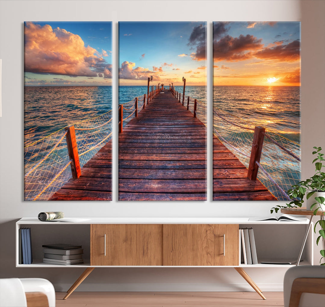 Multi Panel Sunset Beach and Pier Canvas Wall Art Giclee Print