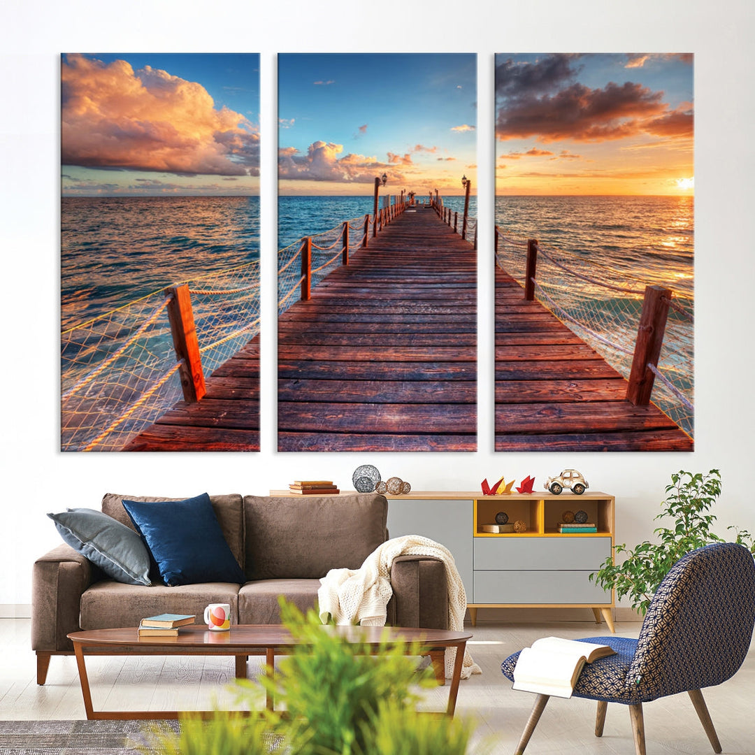 Multi Panel Sunset Beach and Pier Canvas Wall Art Giclee Print