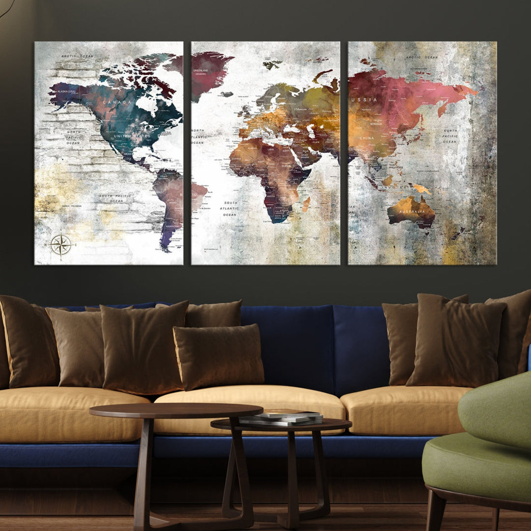 Multi Panel World Map Wall Art with Push Pin Framed Canvas Print