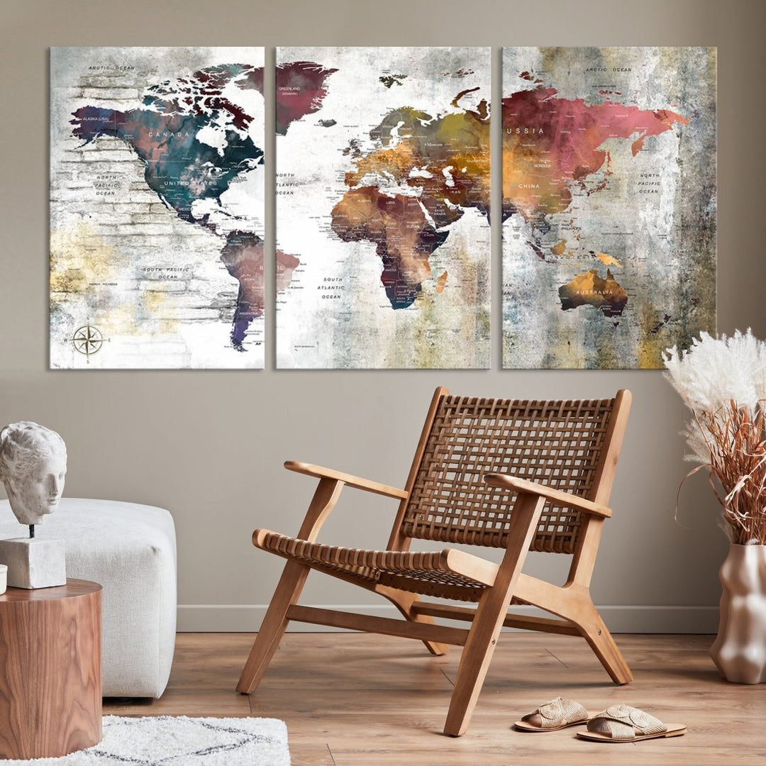 Multi Panel World Map Wall Art with Push Pin Framed Canvas Print