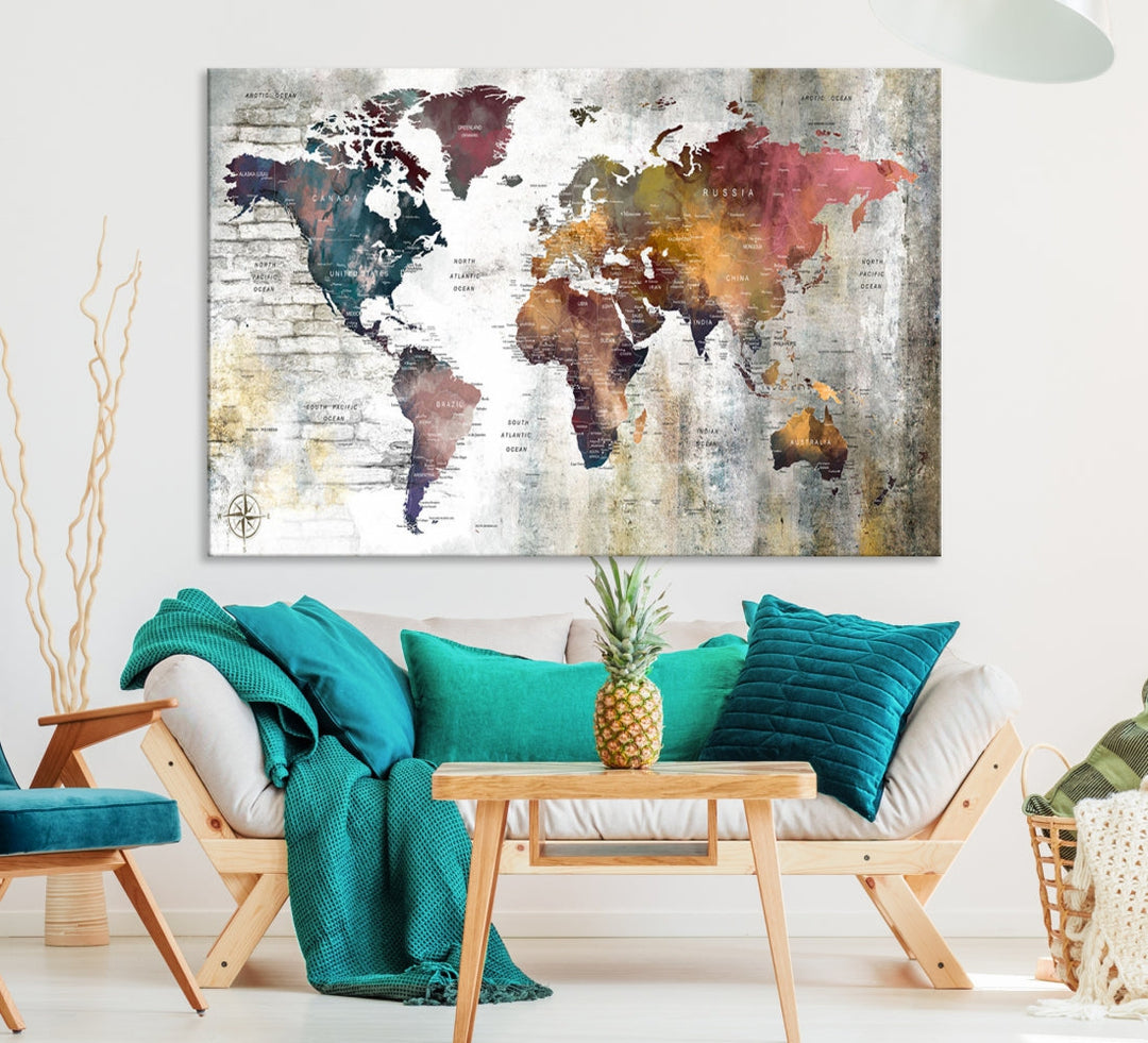 Multi Panel World Map Wall Art with Push Pin Framed Canvas Print