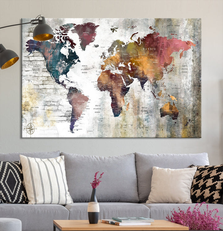 Multi Panel World Map Wall Art with Push Pin Framed Canvas Print