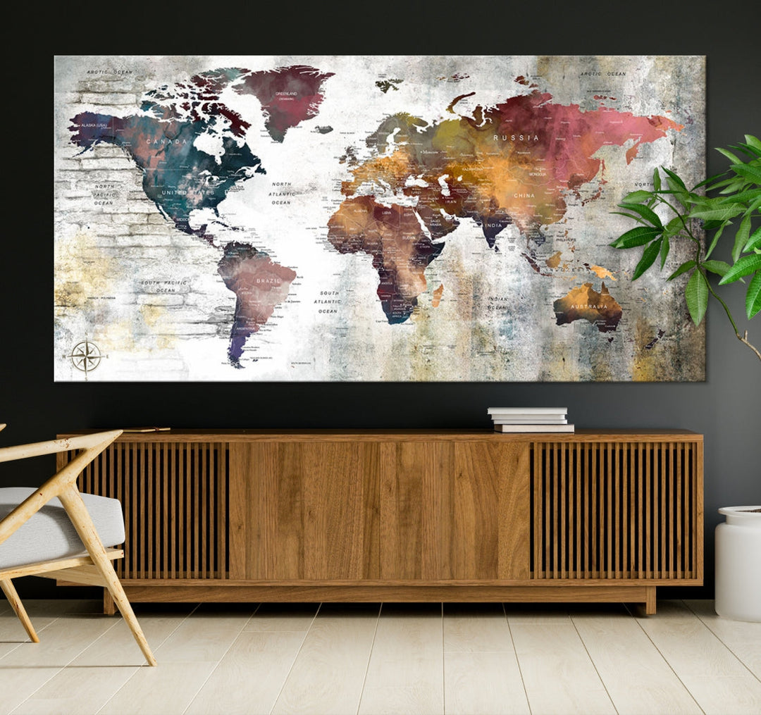 Multi Panel World Map Wall Art with Push Pin Framed Canvas Print