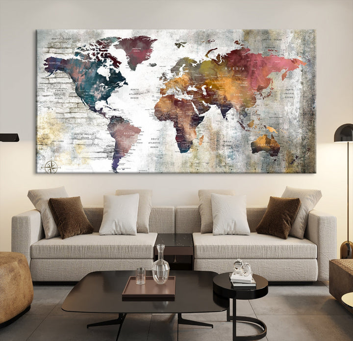 Multi Panel World Map Wall Art with Push Pin Framed Canvas Print