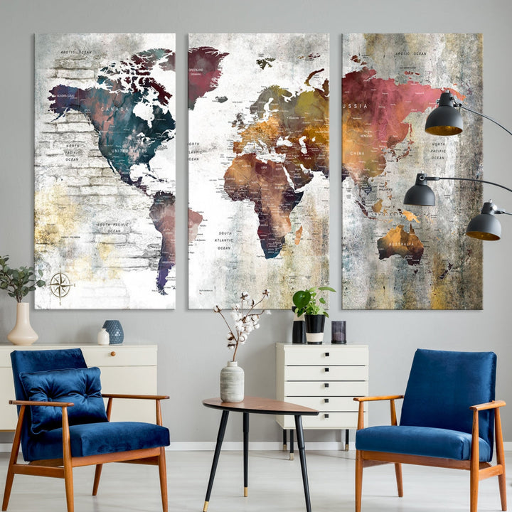 Multi Panel World Map Wall Art with Push Pin Framed Canvas Print