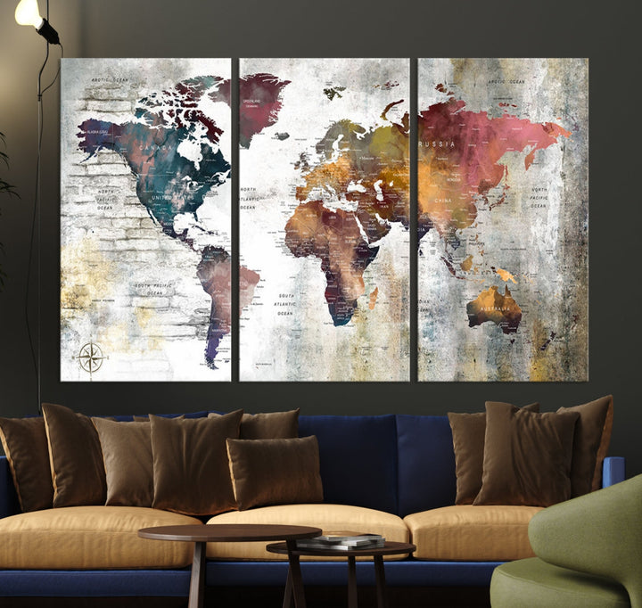 Multi Panel World Map Wall Art with Push Pin Framed Canvas Print