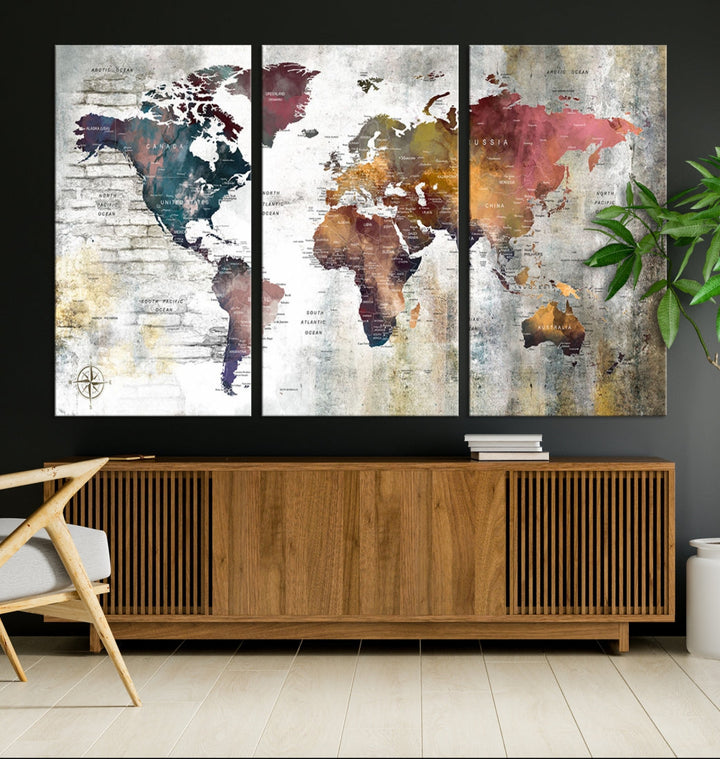 Multi Panel World Map Wall Art with Push Pin Framed Canvas Print