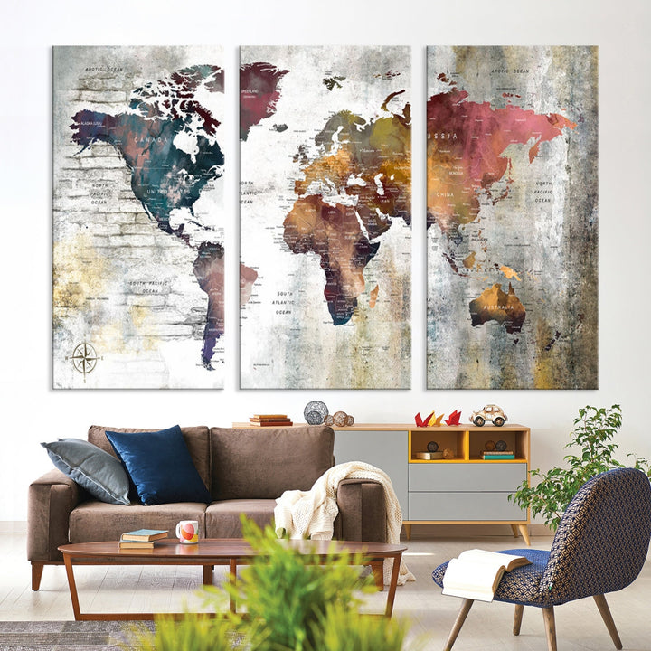 Multi Panel World Map Wall Art with Push Pin Framed Canvas Print