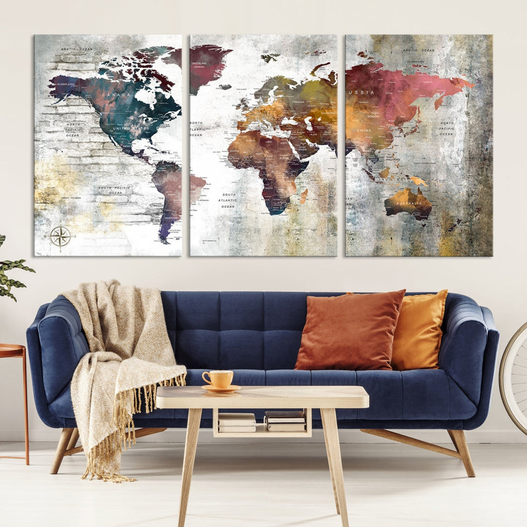 Multi Panel World Map Wall Art with Push Pin Framed Canvas Print