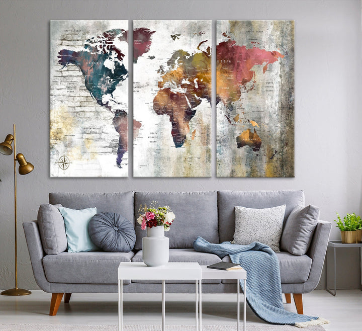 Multi Panel World Map Wall Art with Push Pin Framed Canvas Print