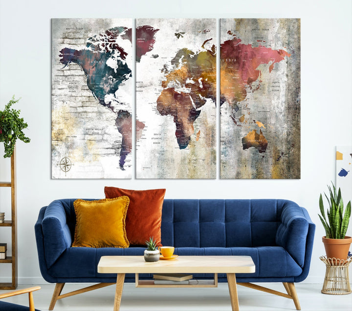 Multi Panel World Map Wall Art with Push Pin Framed Canvas Print