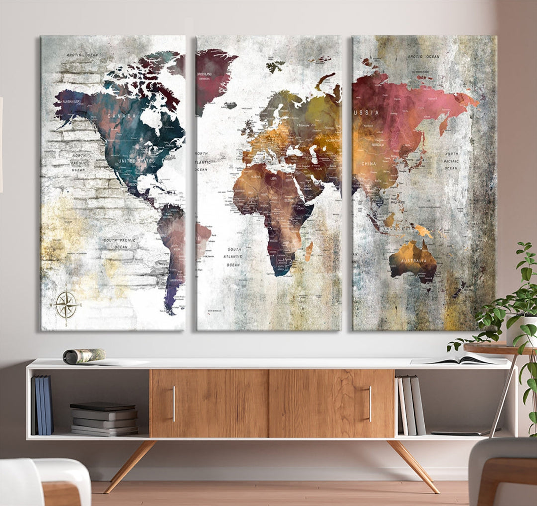 Multi Panel World Map Wall Art with Push Pin Framed Canvas Print