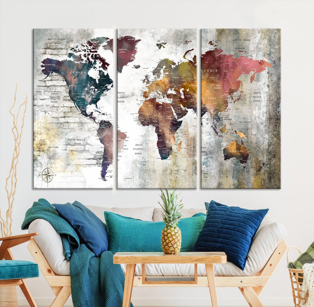 Multi Panel World Map Wall Art with Push Pin Framed Canvas Print