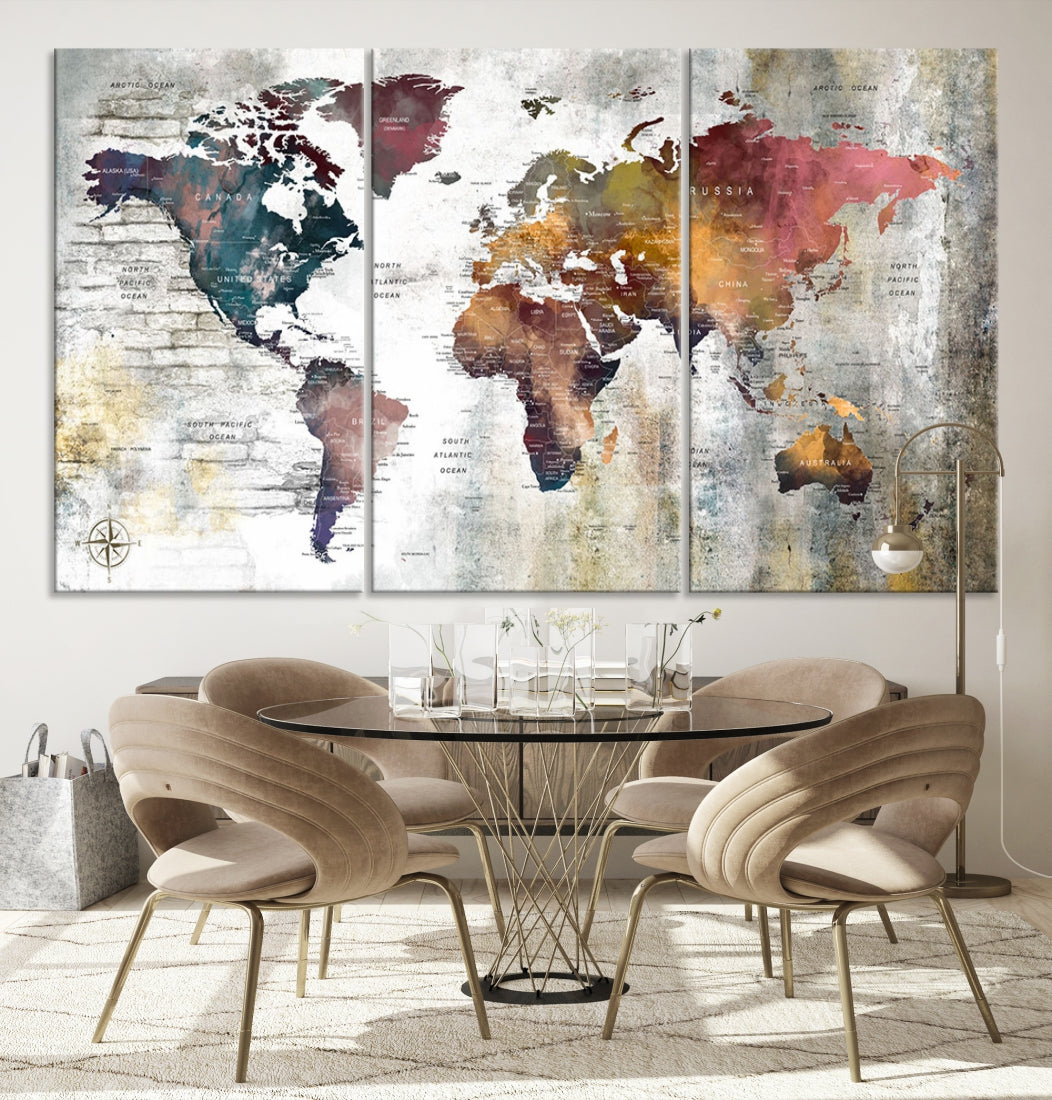 Multi Panel World Map Wall Art with Push Pin Framed Canvas Print