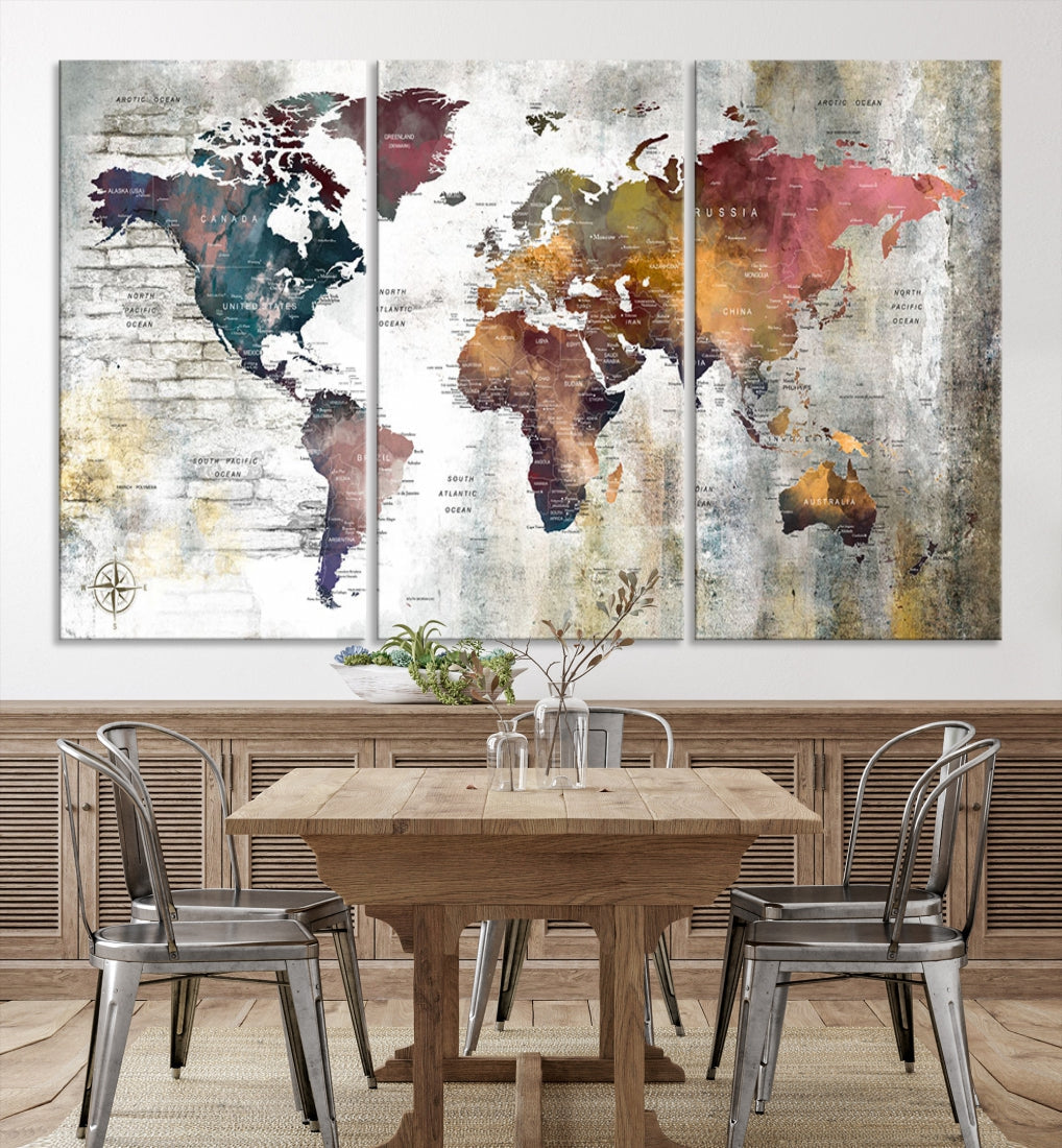 Multi Panel World Map Wall Art with Push Pin Framed Canvas Print