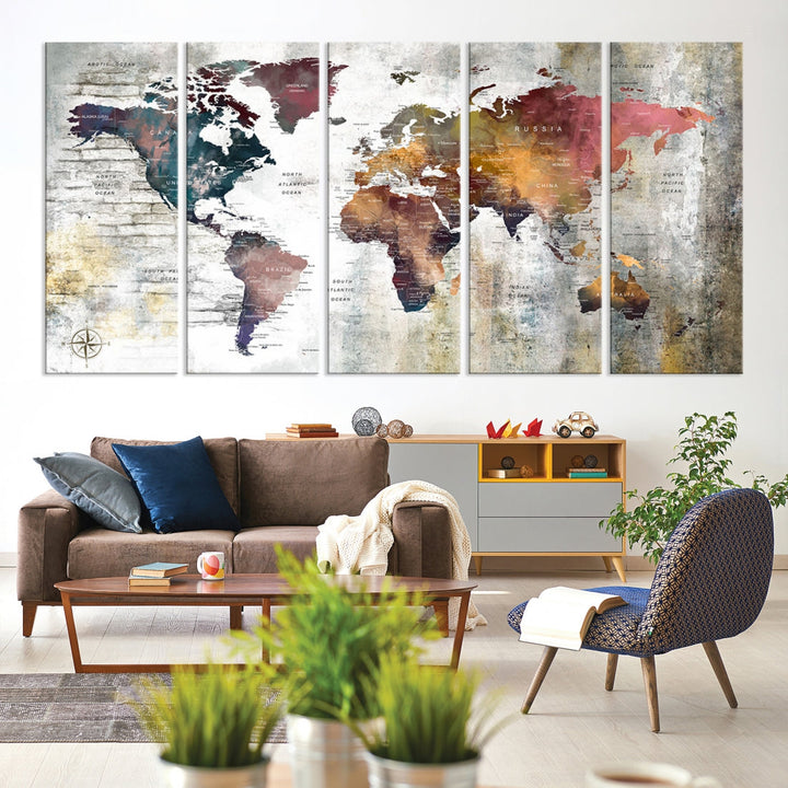 Multi Panel World Map Wall Art with Push Pin Framed Canvas Print