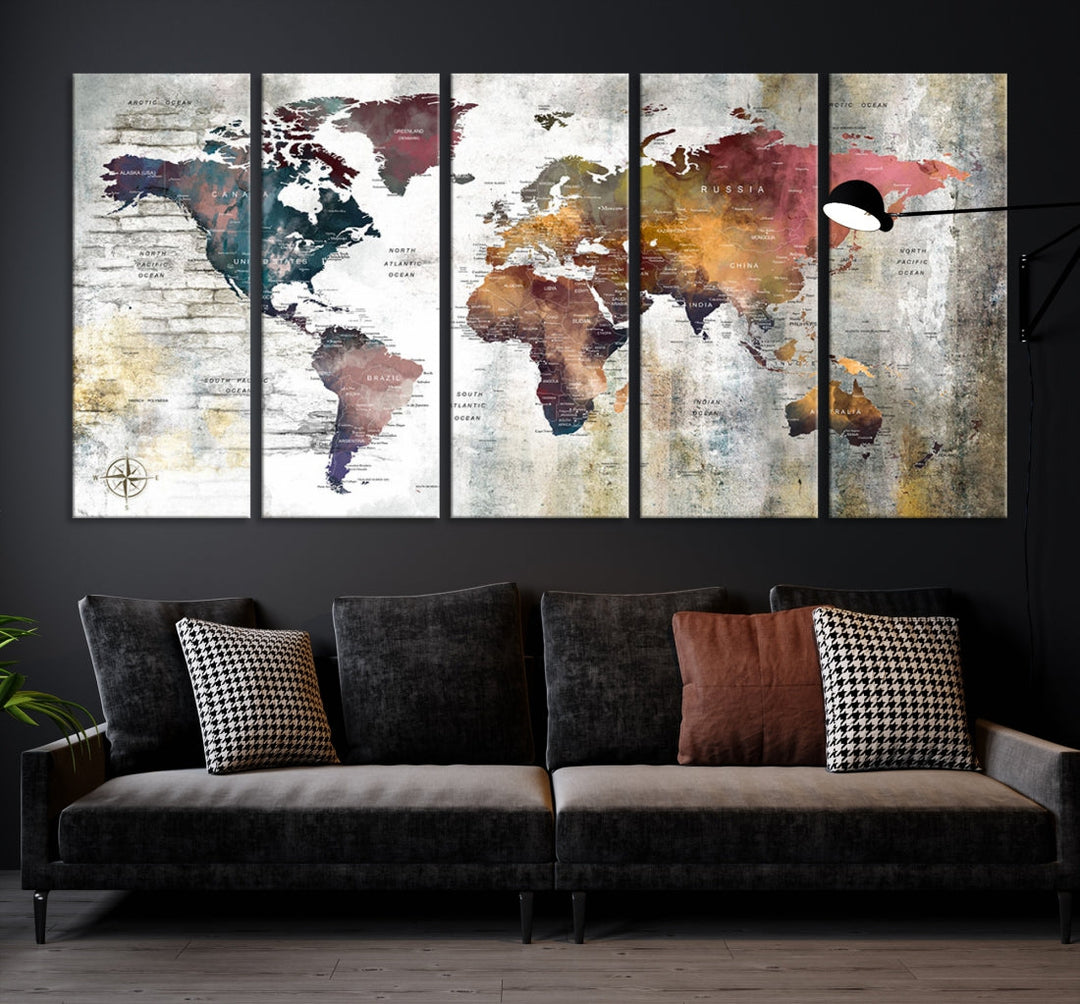 Multi Panel World Map Wall Art with Push Pin Framed Canvas Print