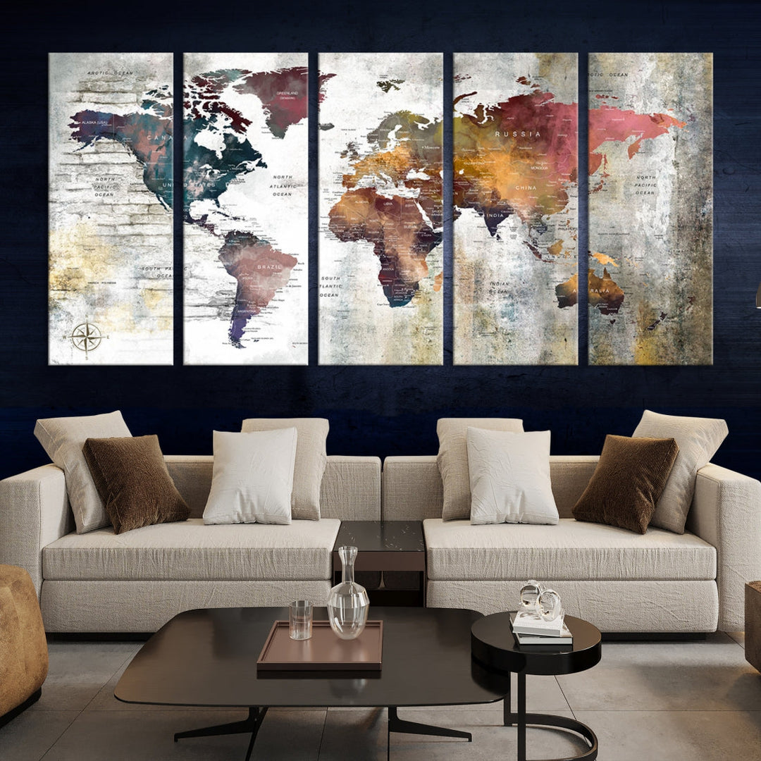 Multi Panel World Map Wall Art with Push Pin Framed Canvas Print