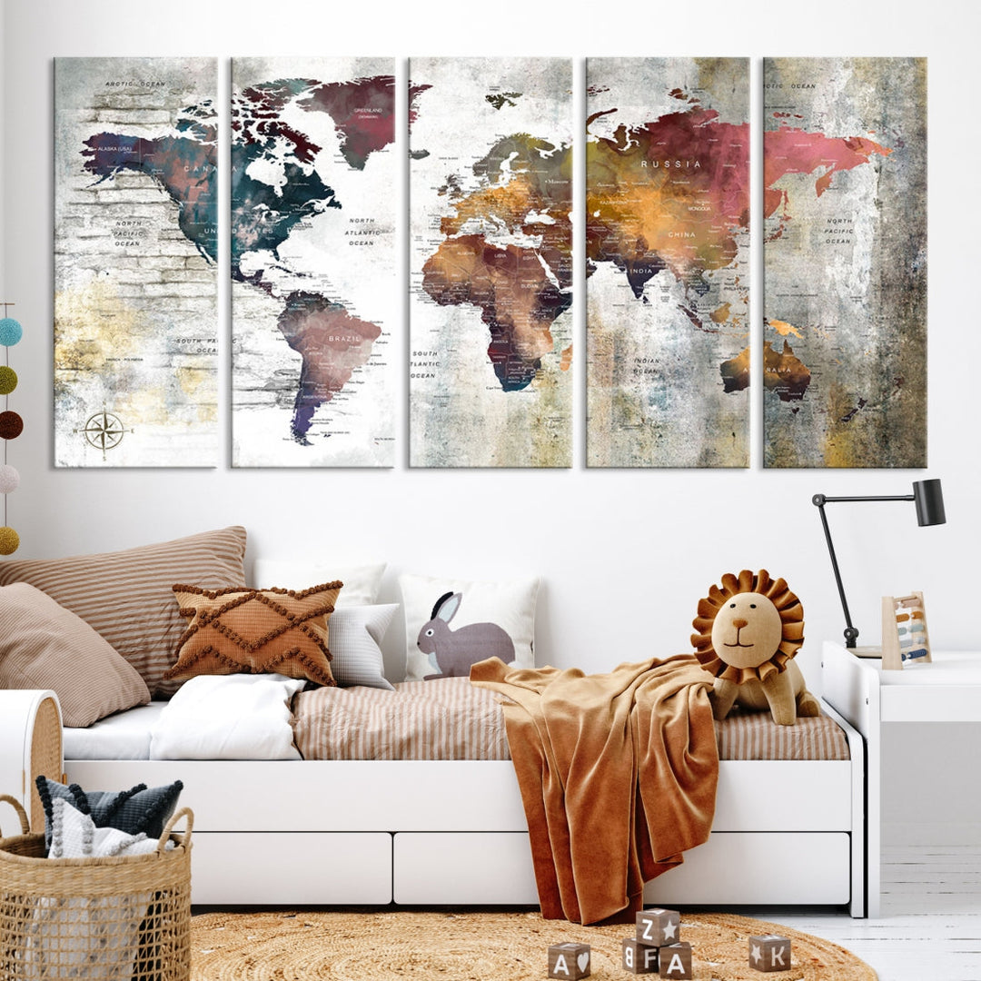 Multi Panel World Map Wall Art with Push Pin Framed Canvas Print