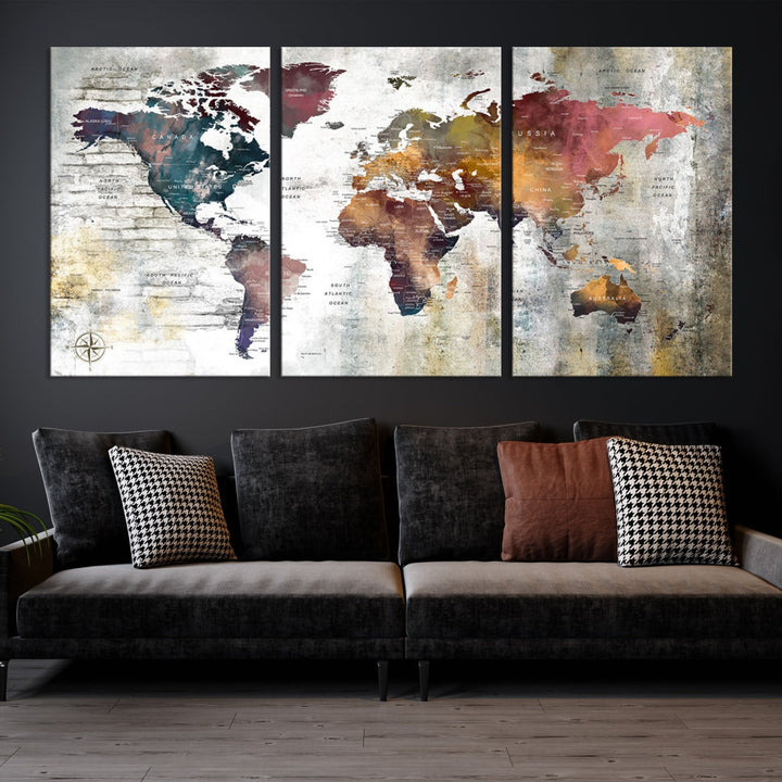 Multi Panel World Map Wall Art with Push Pin Framed Canvas Print