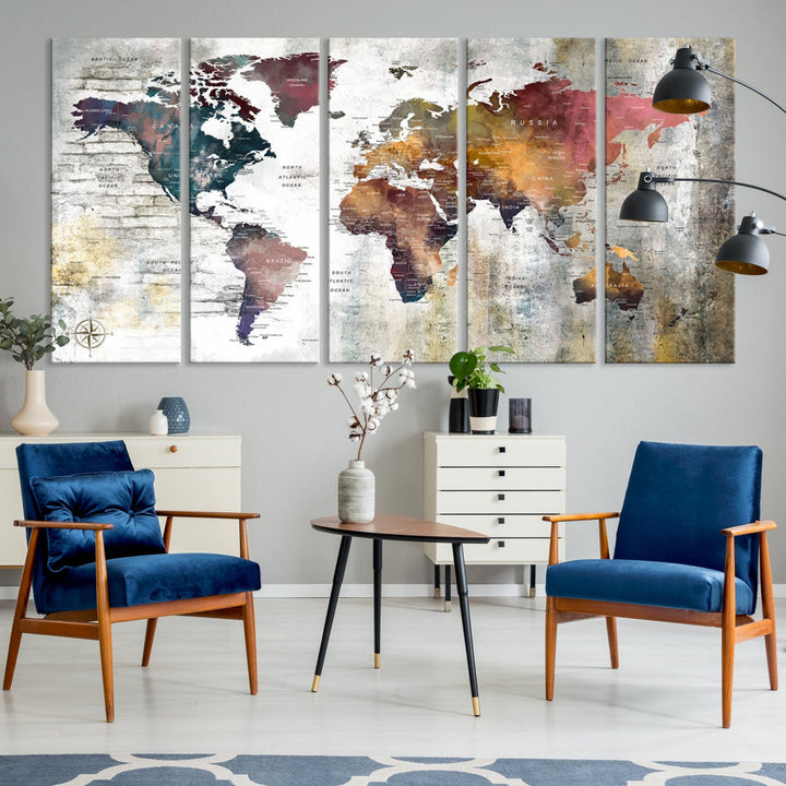 Multi Panel World Map Wall Art with Push Pin Framed Canvas Print