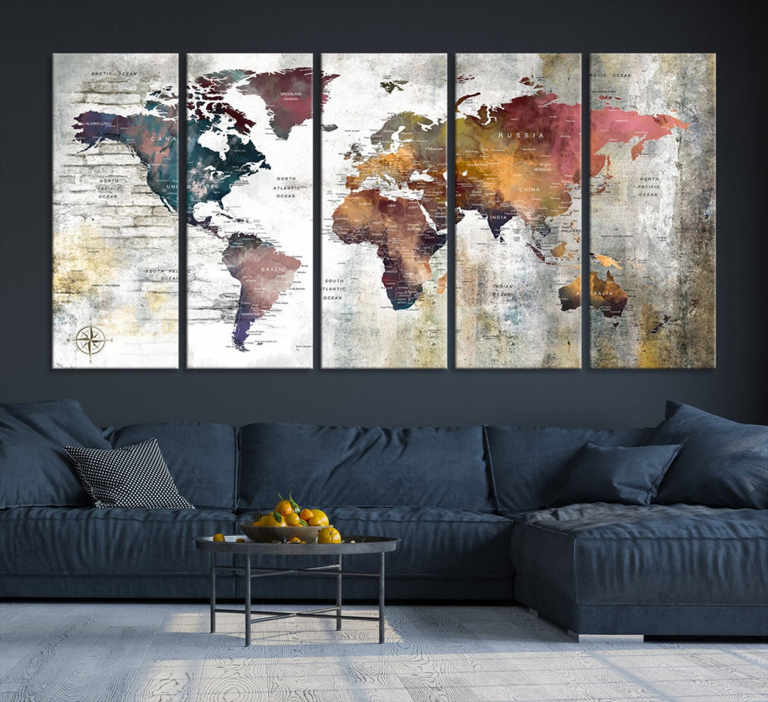 Multi Panel World Map Wall Art with Push Pin Framed Canvas Print