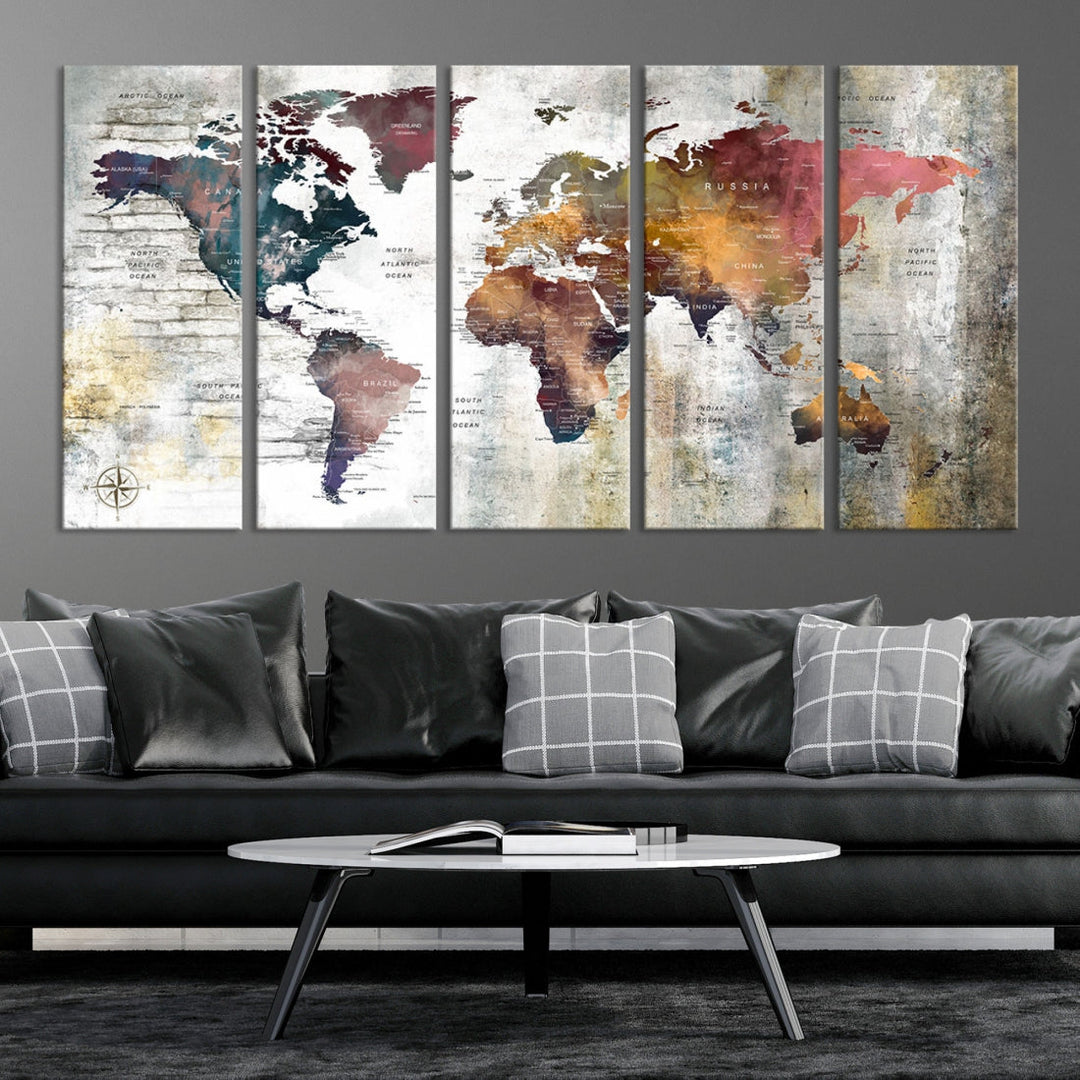 Multi Panel World Map Wall Art with Push Pin Framed Canvas Print