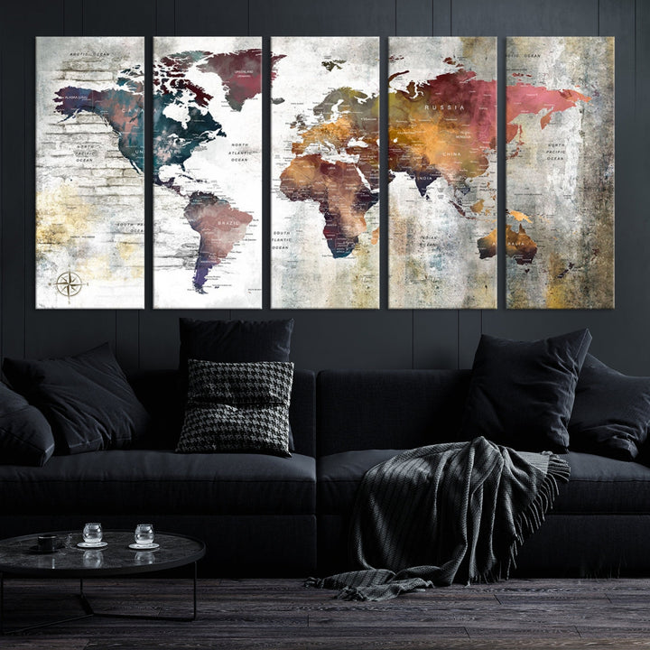 Multi Panel World Map Wall Art with Push Pin Framed Canvas Print