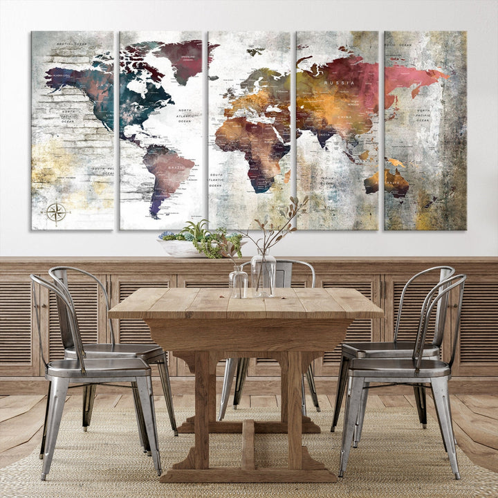 Multi Panel World Map Wall Art with Push Pin Framed Canvas Print