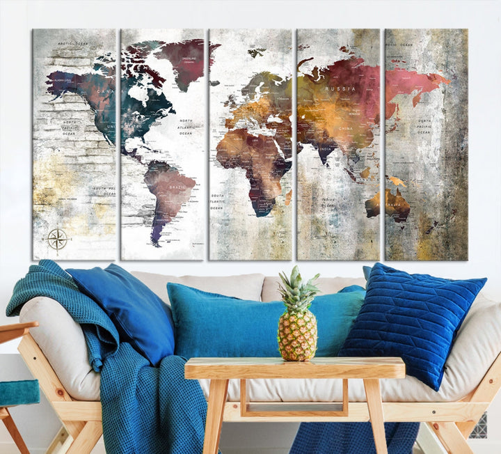 Multi Panel World Map Wall Art with Push Pin Framed Canvas Print