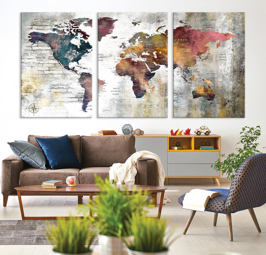 Multi Panel World Map Wall Art with Push Pin Framed Canvas Print