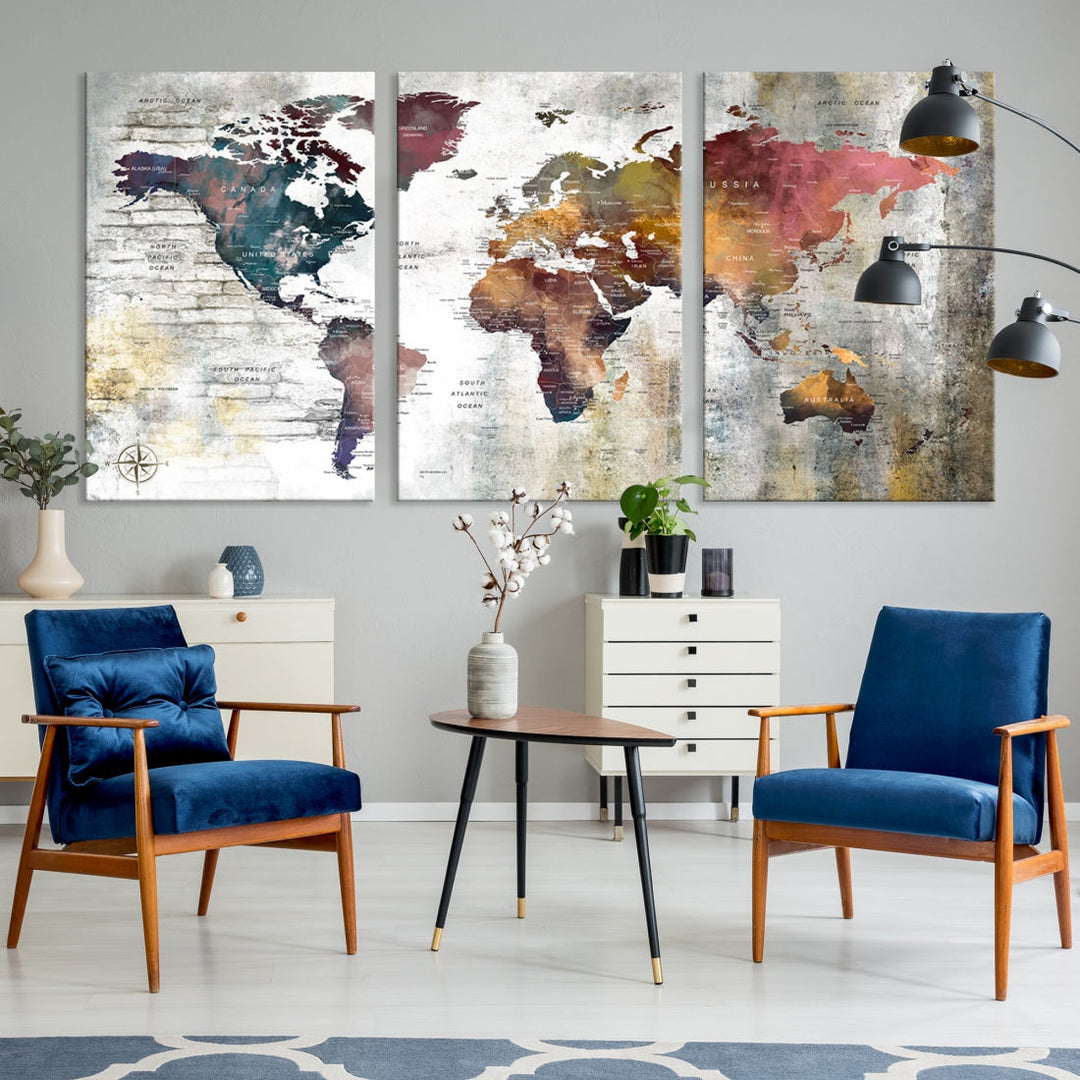 Multi Panel World Map Wall Art with Push Pin Framed Canvas Print