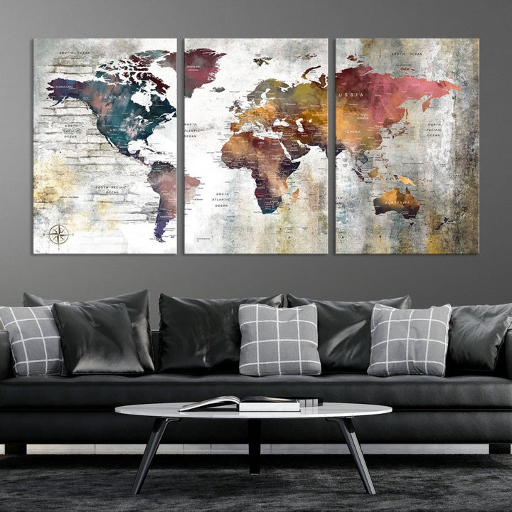 Multi Panel World Map Wall Art with Push Pin Framed Canvas Print