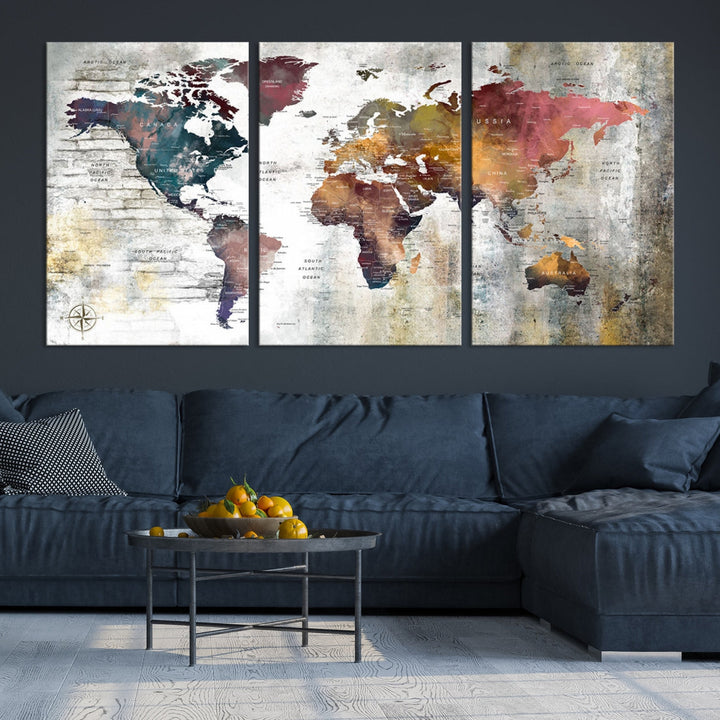 Multi Panel World Map Wall Art with Push Pin Framed Canvas Print