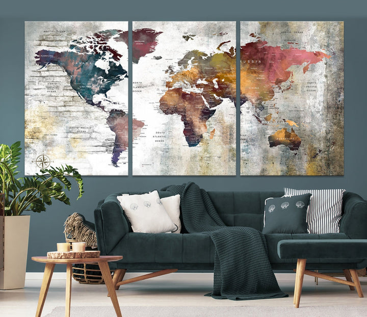 Multi Panel World Map Wall Art with Push Pin Framed Canvas Print