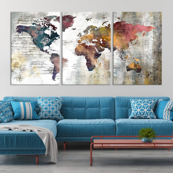 Multi Panel World Map Wall Art with Push Pin Framed Canvas Print