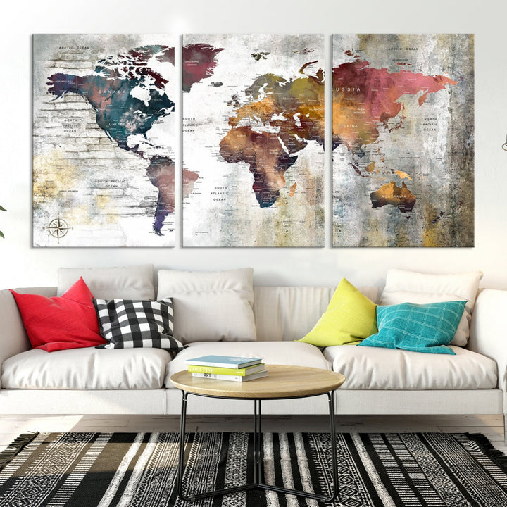 Multi Panel World Map Wall Art with Push Pin Framed Canvas Print