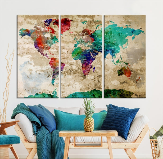 Multi Panel World Map with Push Pins Detailed Map Canvas Wall Art Print