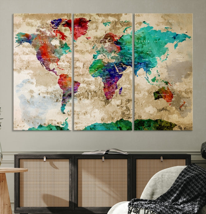 Multi Panel World Map with Push Pins Detailed Map Canvas Wall Art Print