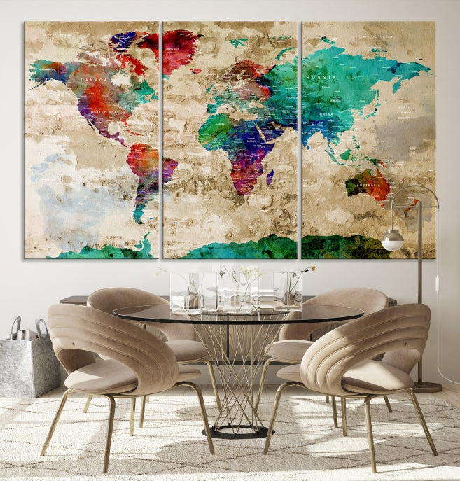 Multi Panel World Map with Push Pins Detailed Map Canvas Wall Art Print