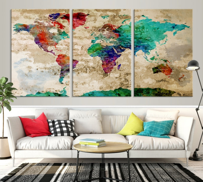 Multi Panel World Map with Push Pins Detailed Map Canvas Wall Art Print