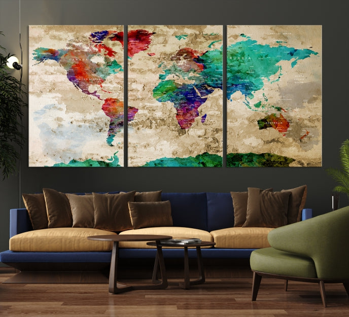 Multi Panel World Map with Push Pins Detailed Map Canvas Wall Art Print