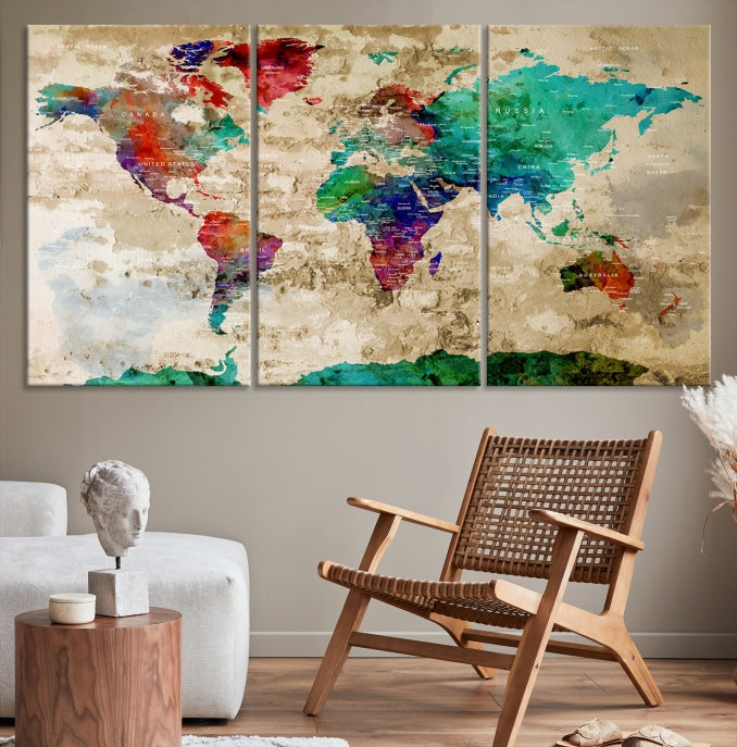 Multi Panel World Map with Push Pins Detailed Map Canvas Wall Art Print