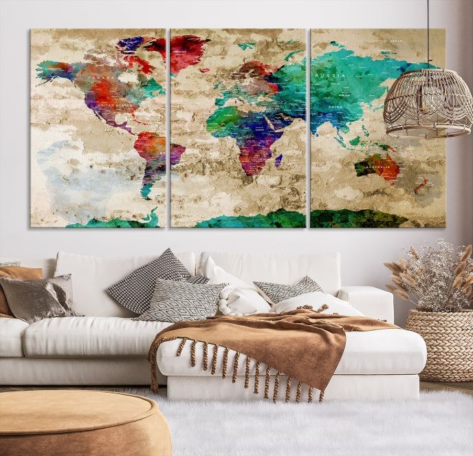 Multi Panel World Map with Push Pins Detailed Map Canvas Wall Art Print