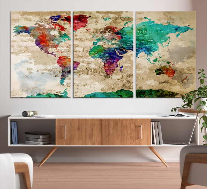 Multi Panel World Map with Push Pins Detailed Map Canvas Wall Art Print