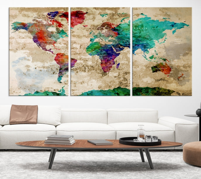 Multi Panel World Map with Push Pins Detailed Map Canvas Wall Art Print