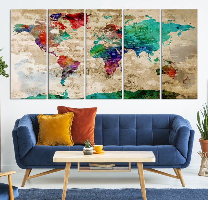 Multi Panel World Map with Push Pins Detailed Map Canvas Wall Art Print