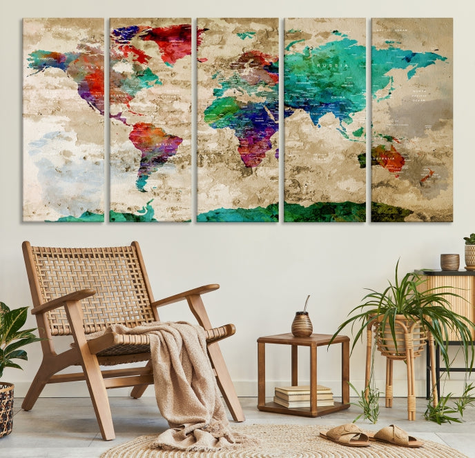 Multi Panel World Map with Push Pins Detailed Map Canvas Wall Art Print