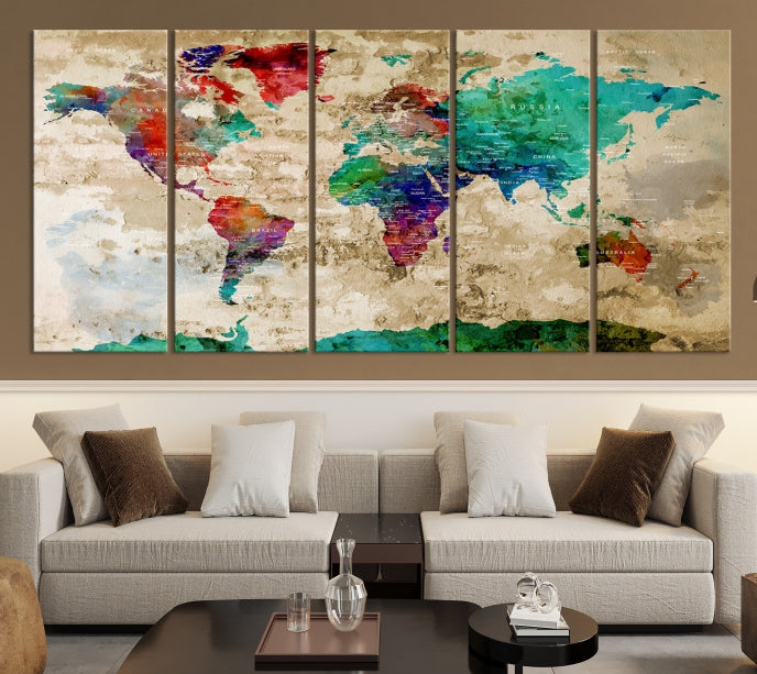 Multi Panel World Map with Push Pins Detailed Map Canvas Wall Art Print