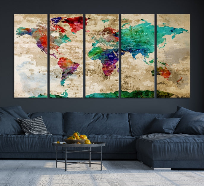 Multi Panel World Map with Push Pins Detailed Map Canvas Wall Art Print